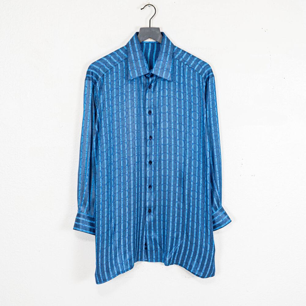 Gianni Viera Men's Italy Silk Button up Shirt Blue striped size Large